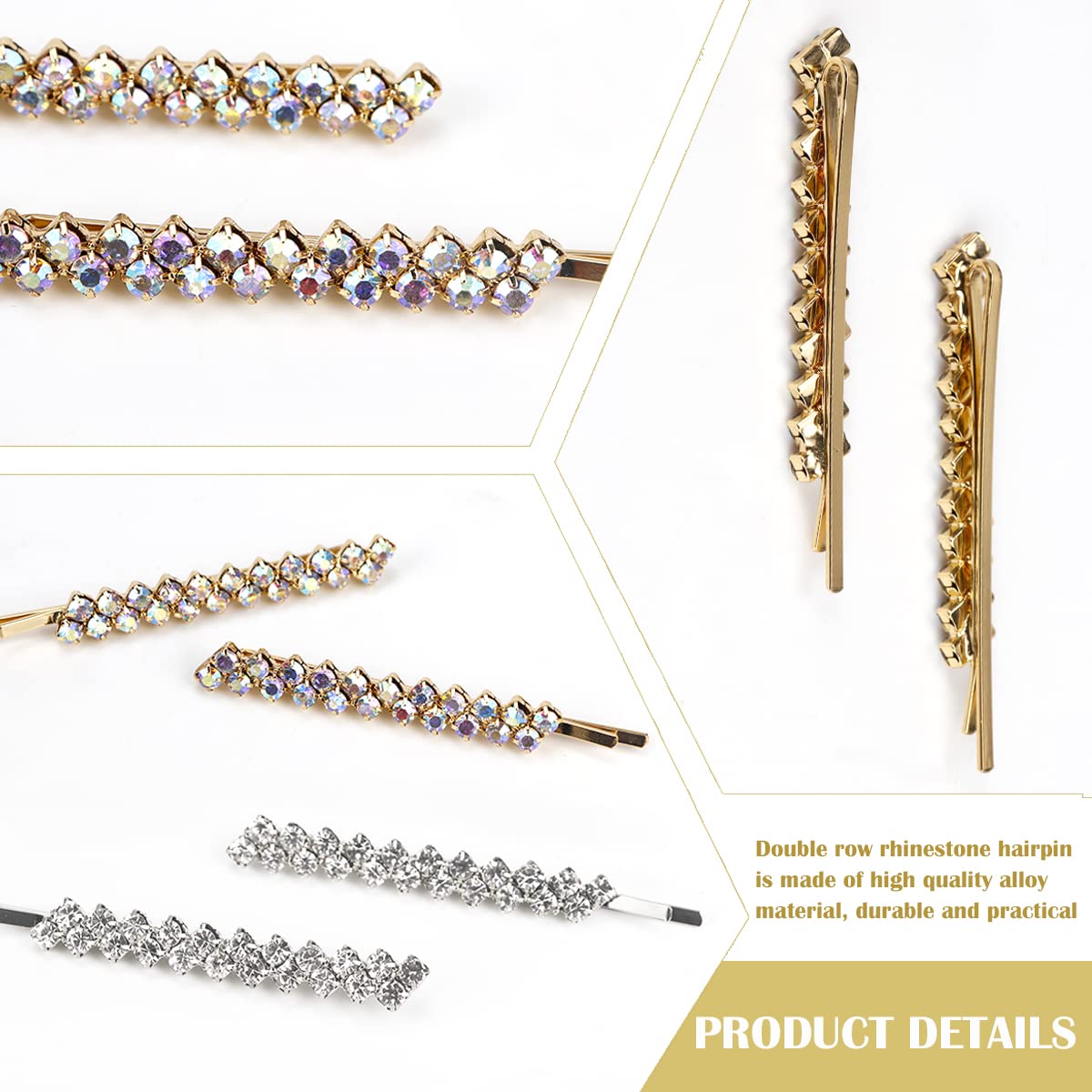 FERCAISH 4 Pcs Crystal Hair Pins, Simple Style Bangs Clip Rhinestone Hair Bobby Pins Sparkly Barrette for Women Girls Styling Accessories (Silver+Gold)