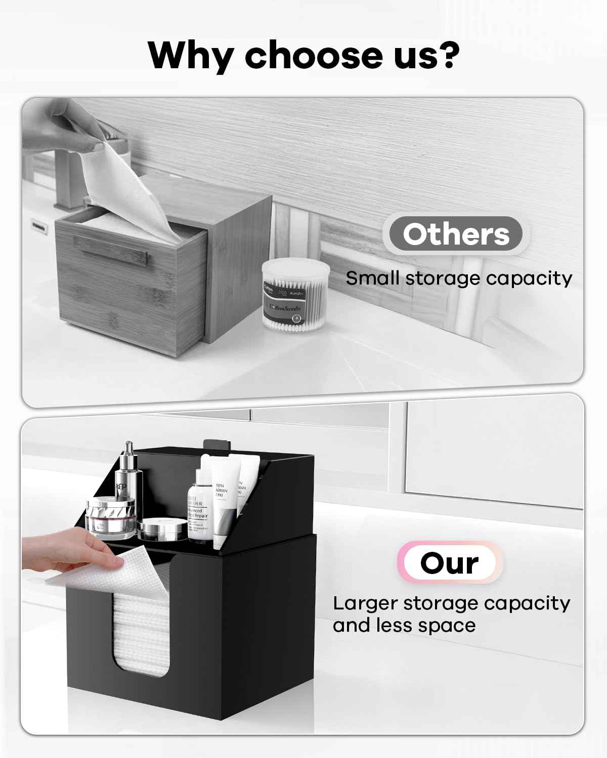 TAINESS Disposable Facial Towels Storage Box Compatible with Clean Skin Club Clean Towel XL - Cotton Pads - Swabs Upgraded Double Layer Acrylic Storage Container Face Towel Holder (Matte Black)