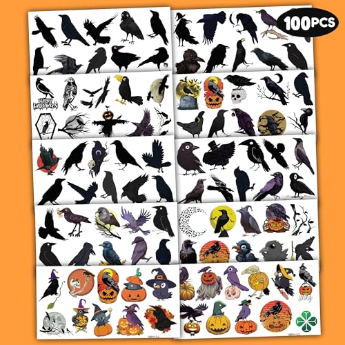 100 PCS Raven Crow Temporary Tattoos for Kids Halloween
