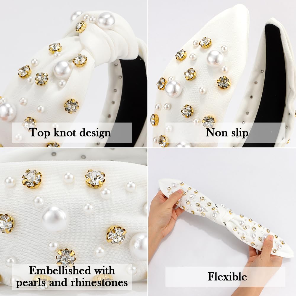 Atoden White Wide Top Knot Headband with Pearl Rhinestone for Women's Hair Embellished Headbands Sparkly Hair Bands