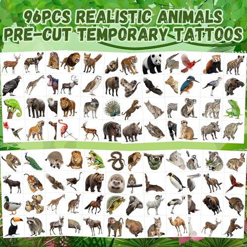 96-Piece Realistic Wildlife Animal Temporary Tattoos for Kids