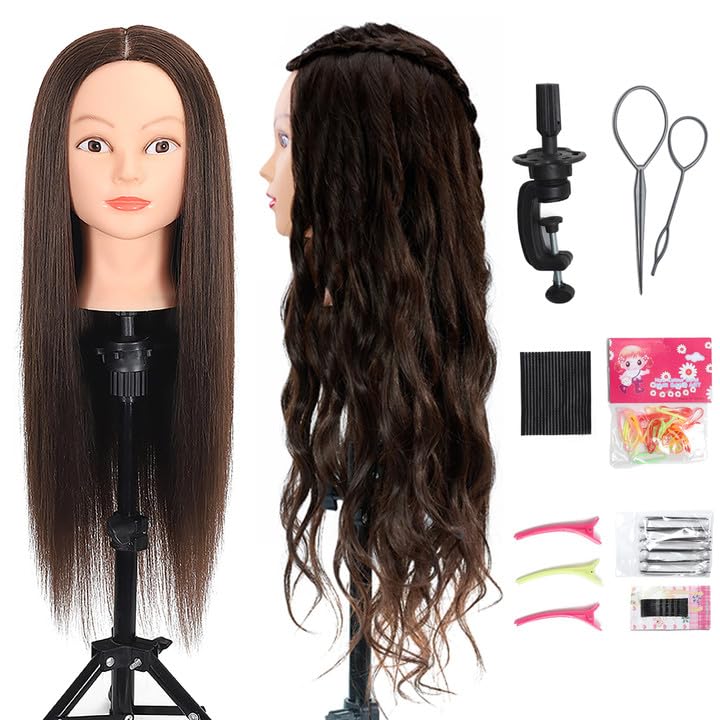 ZOMOI Mannequin Head with 80% Real Human Hair 26-28'' Cosmetology Mannequin Doll Head for Styling Practice on Braiding Head (4#Dark Brown)