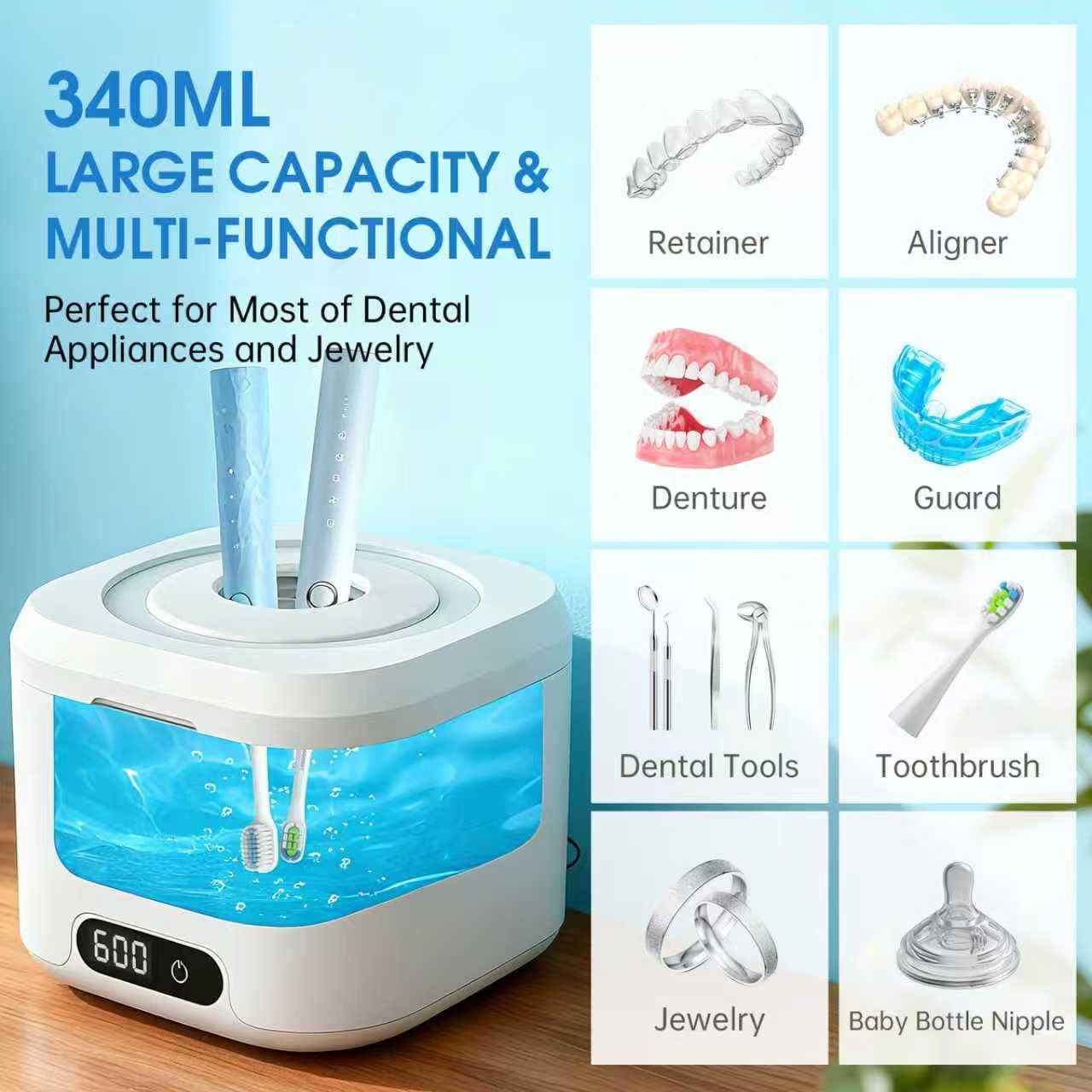 Ultrasonic Retainer Cleaner with UV Light, 49kHz Dental Ultrasonic Cleaner Machine with Digital Timer,Stainless Steel Tank for Retainers, Aligners, Dentures, Night Guards & Jewelry-White