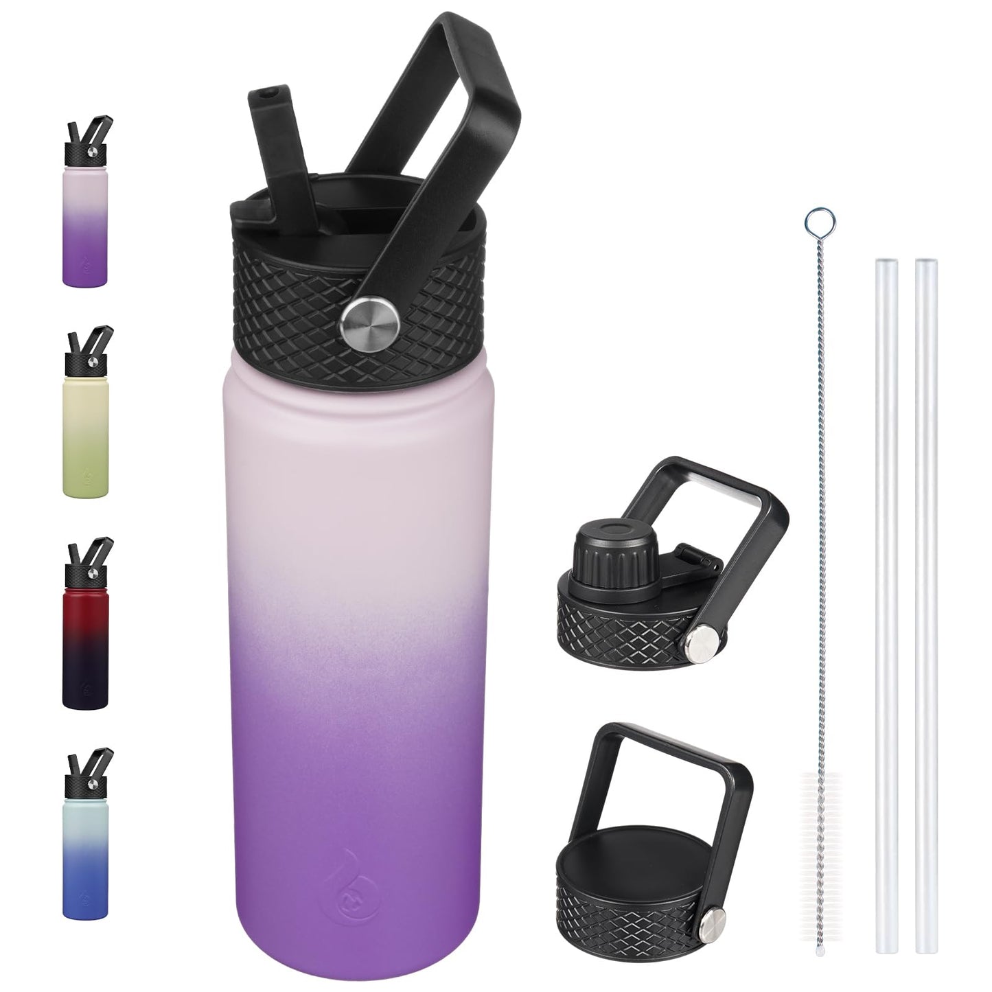 BJPKPK Insulated Water Bottles with Straw Lid, 22oz Cold & Hot Water Bottle, Stainless Steel Metal Water Bottle with 3 Lids, Reusable Thermos, Cups, Mugs for Daily Water Intake-Violet