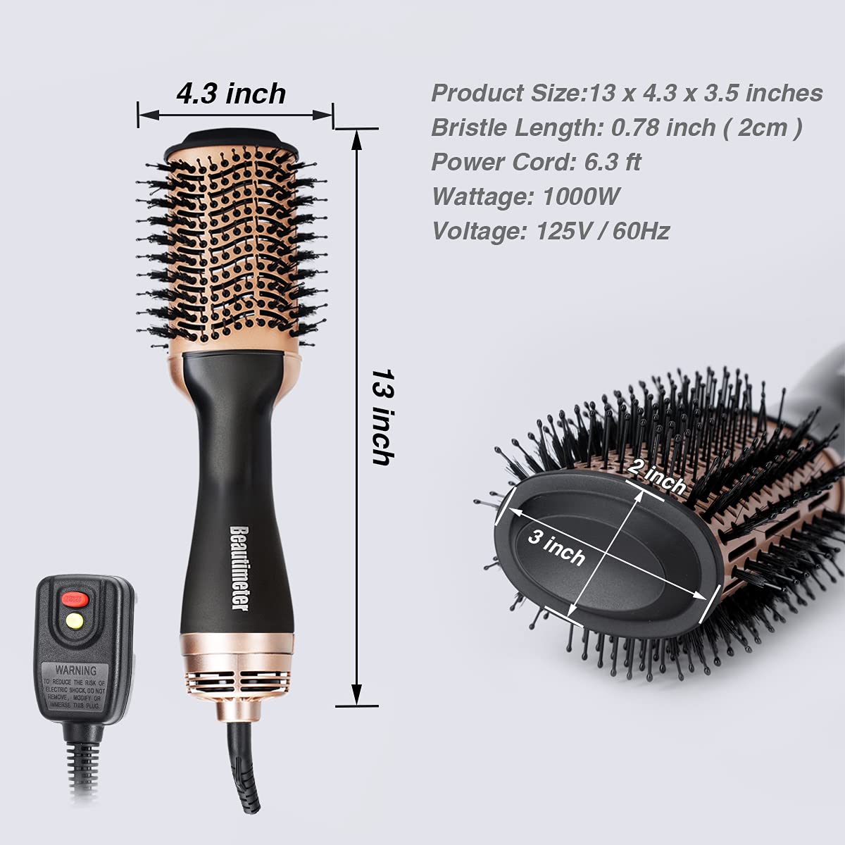 Beautimeter Hot Air Brush, Hair Dryer Brush & Volumizer, 3 in 1 Negative Ionic Hair Styler for Straightening, Curling, 1000W, Black & Gold