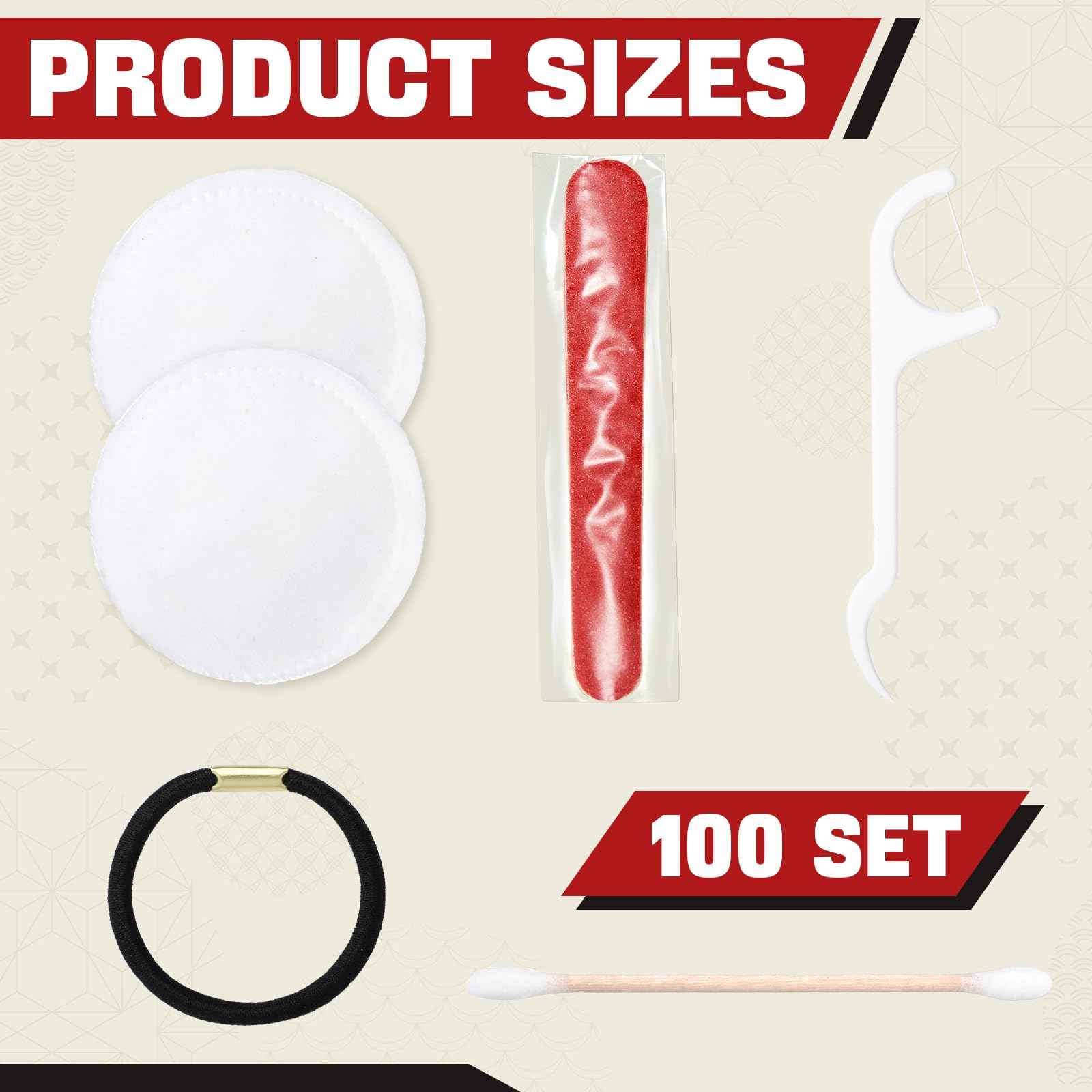 Tondiamo 100 Set Hotel Vanity Kit Individually Wrapped Travel Size Hotel Hospitality Kit Include Disposable Cotton Pads, Cotton Swabs, Hair Tie, Nail File, Dental Floss for Motels Toiletries