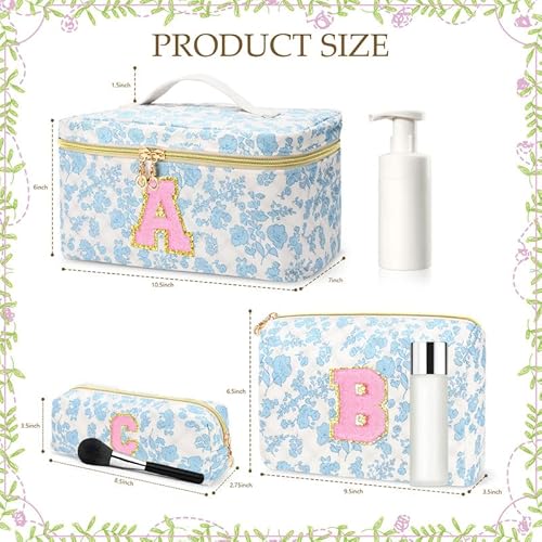 3 PCS Travel Makeup Bag Set, A?Z Initials Cotton Quilted Cosmetic Bag for Women & Preppy, Personalized Toiletry Bag Travel Accessories Makeup Brushes Organizer, Valentine¡¯s Day & Birthday Gift for Her