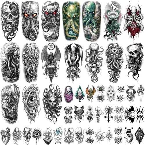 Yazhiji 47 Sheets Temporary Tattoos, 17 Sheets Half Arm Cthulhu Octopus Fake Tattoos for Adults Shoulder Neck, 30 Sheets Tiny Animal Temporary Tattoos Realistic for Men Women Boys & Girls