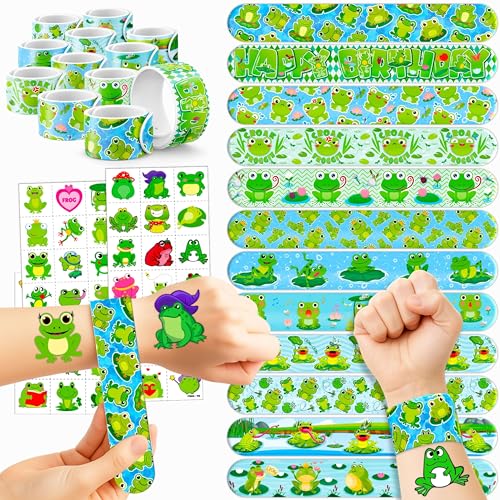 72 PCS Frog Party Favors 48 PCS Temporary Pre-cut Tattoos 24PCS Slap Bracelets Wristbands Perfect for Themed Birthday Baby Showers or Classroom Rewards Ideal Decor and Gifts for Girls and Boys