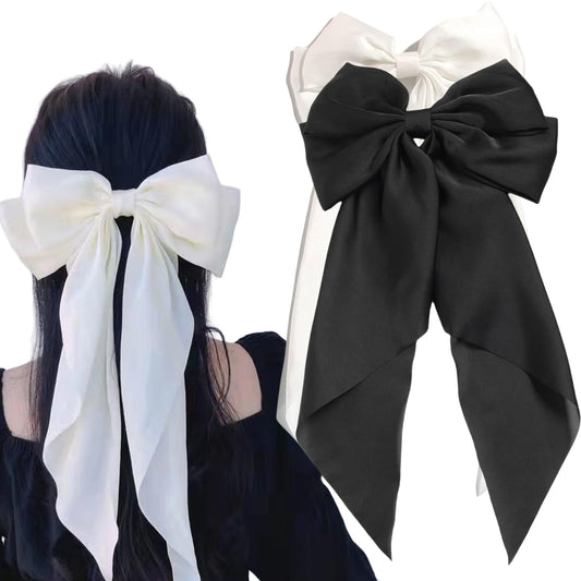 Big Hair Bow Barrettes, Long Tail Hair Bows 2PCS, Large Silky Satin Ribbon Clips for Women, Girls, Premium Metal Hair Bowknot Barrettes, Perfect for Party and Daily Hair Accessories (Black and White)