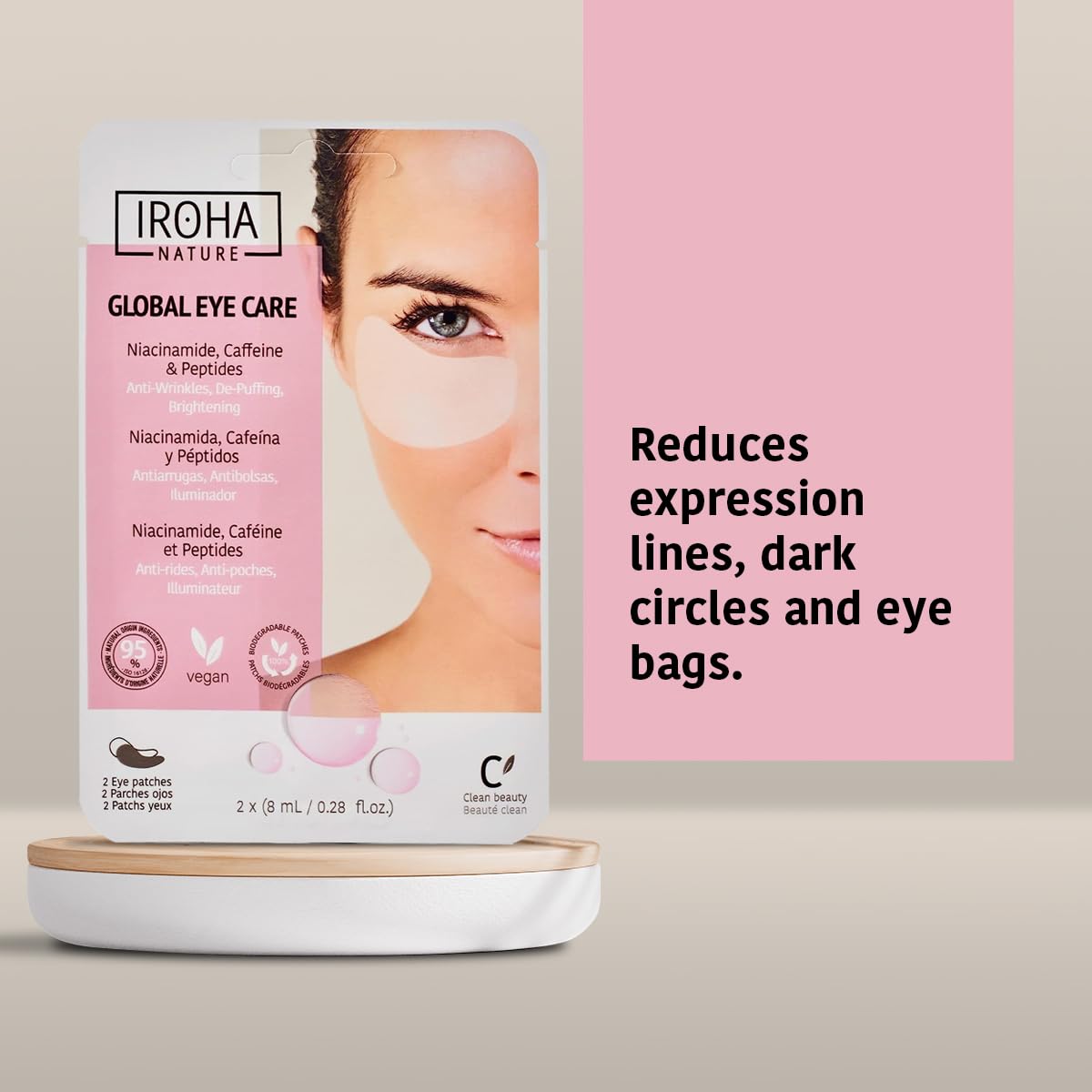 IROHA NATURE Eye Masks, Reduces Wrinkles, Dark Circles & Puffiness - Pack of 5 Pairs - Hydrating Patches with Niacinamide, Caffeine, Peptides - Vegan, Cruelty-Free, Skincare, Under Eye Treatment, Gift