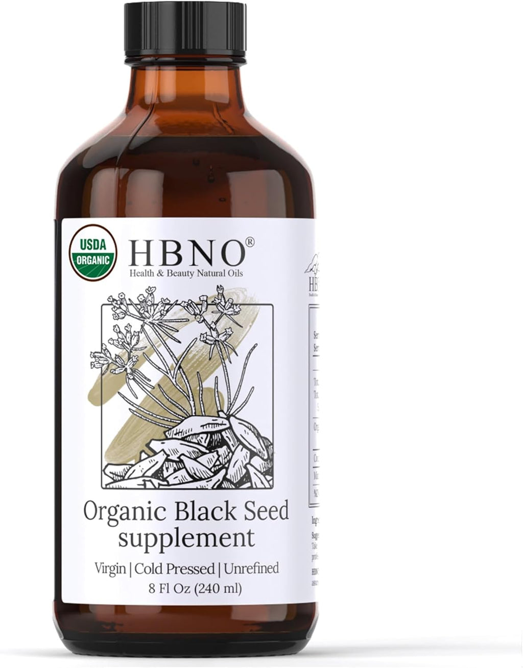 HBNO Organic Black Seed Oil - Huge 4oz (120ml) Glass Bottle Value Size - USDA Certified Organic Black Seed Oil, Cold Pressed for Face, Body, Lips, Shampoo & Conditioner