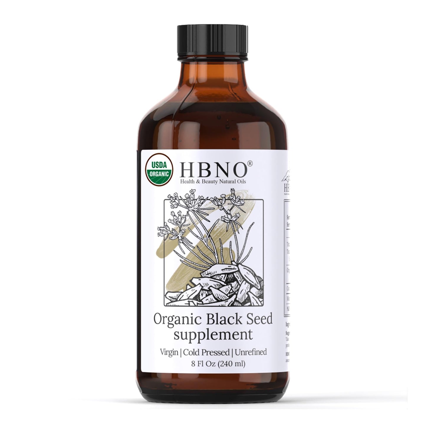 HBNO Organic Black Seed Oil 8 fl oz (240ml) Value Size - USDA Certified Organic Black Seed Oil Organic Cold Pressed - Black Cumin Seed Oil Organic