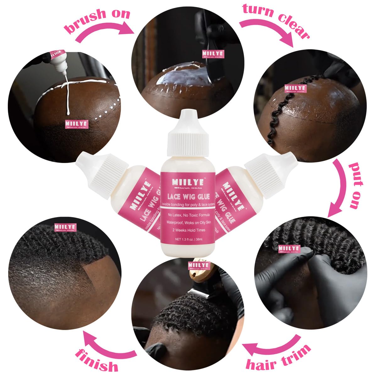 MIILYE Wig Glue for Front Lace Wig and Lace Glue Remover Set, Invisible Waterproof Hair Replacement Bonding Glue + Solvent + Lace Melting Band + Glue Application Brush