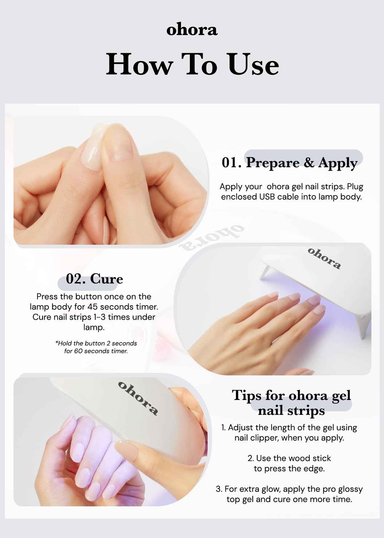 ohora Care LED Lamp for Semi Cured Gel Nail Strips - 6W Max, 2 Timers (45s / 60s), Portable Lamp for Curing Gel Nail Art, for Gel Stickers and Strips Only