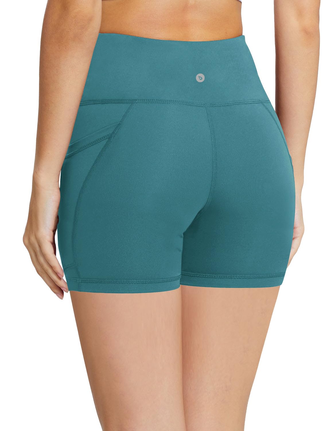 BALEAF Biker Shorts Women Yoga Gym Workout Spandex Running Volleyball Tummy Control Compression Shorts with Pockets 5" Green XS