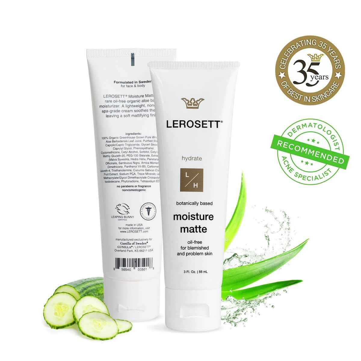 LEROSETT Oil-Free Moisturizer for Oily & Sensitive Skin, Lightweight Matte Hydration, Vegan Moisturizer, Aloe-Based with Vit-B5 + 7 Soothing Herbals, Non-comedogenic, Fragrance Free - 3 oz
