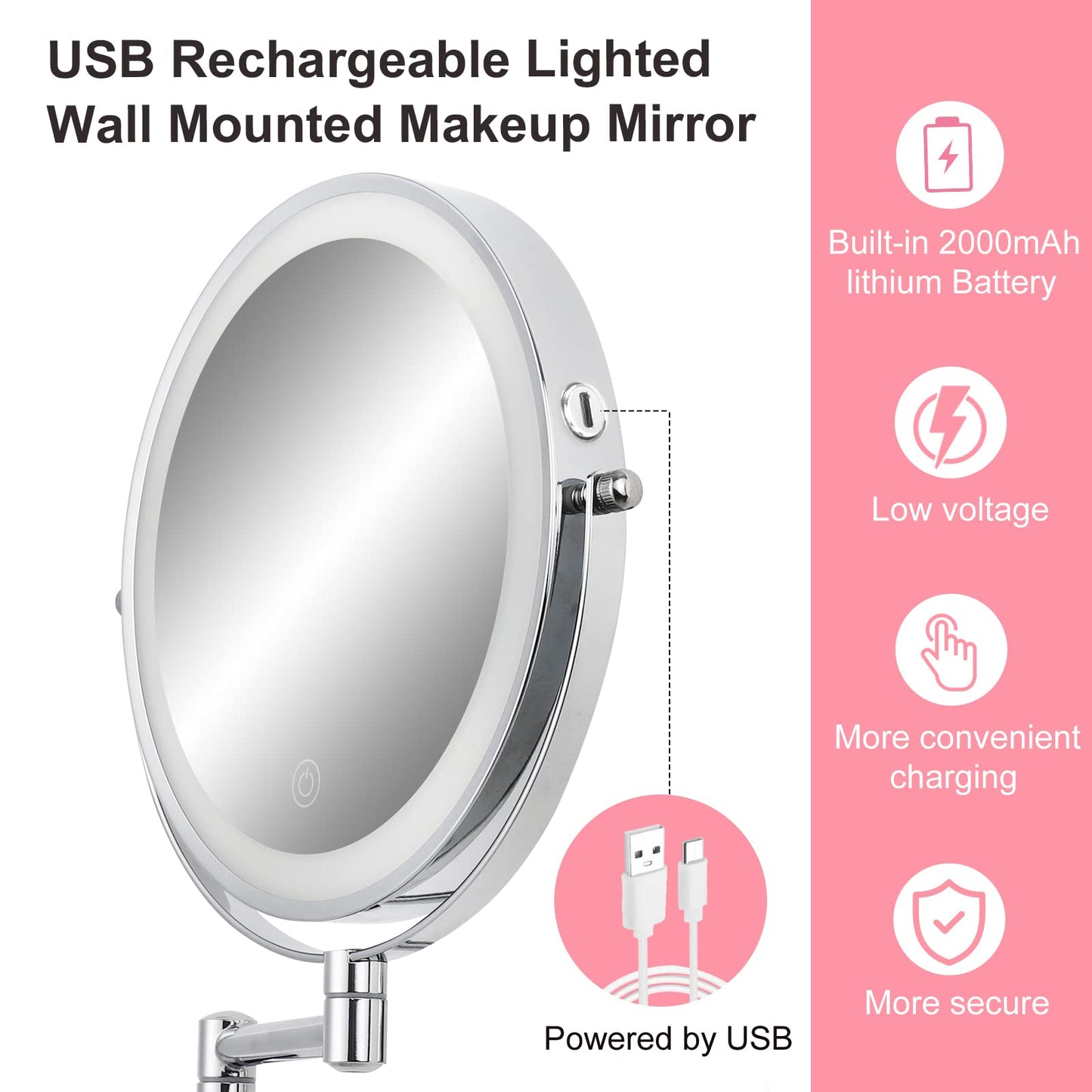 FFowcye Wall Mounted Makeup Vanity Mirror with Lights, 8” Double Sided 1X/10X Wall Mount Magnifying Bathroom Shaving Mirror with 3 Color Lights, Rechargeable Touch Dimmable Extendable Cosmetic Mirror