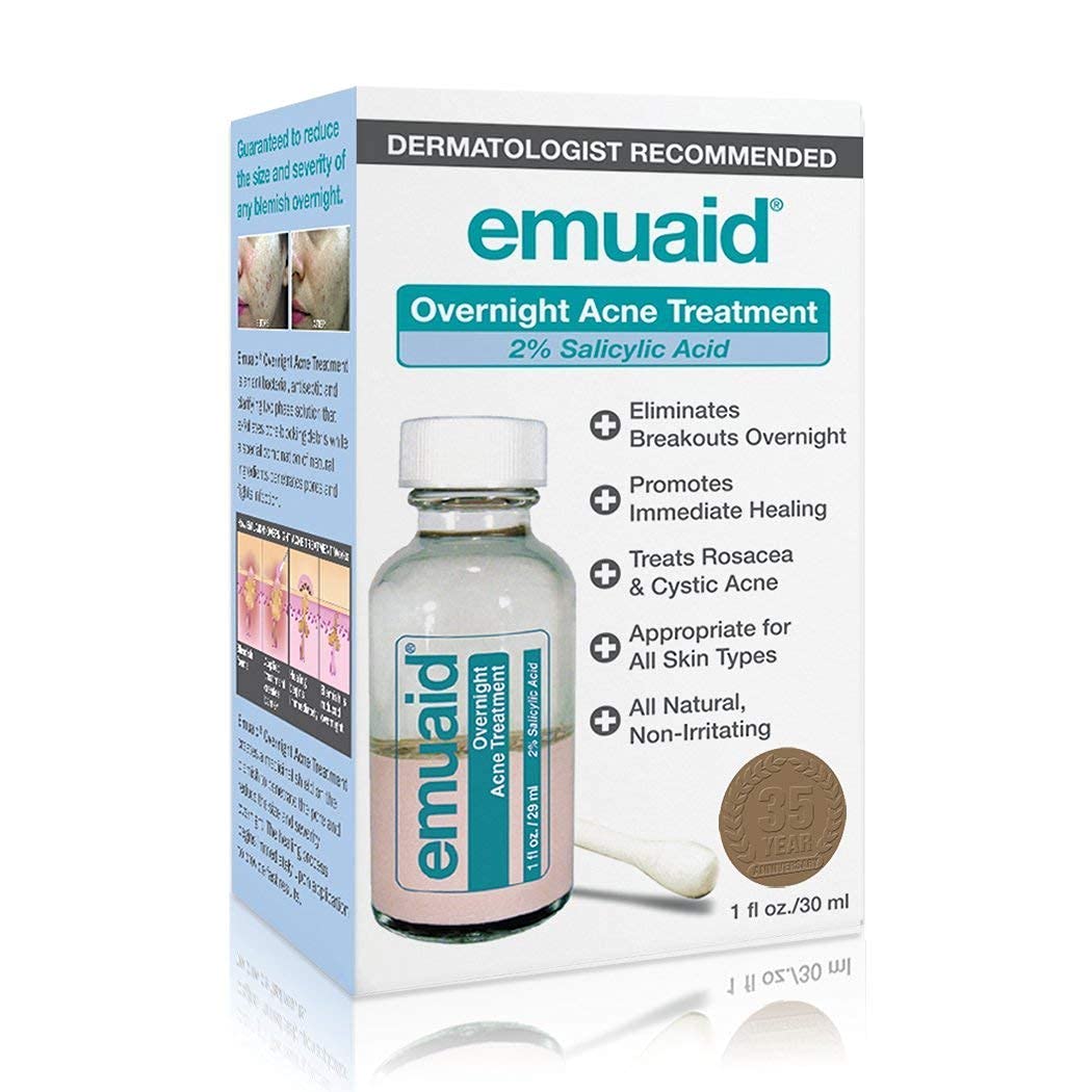 EMUAID Overnight Acne Treatment | Gentle, Fast-Acting Solution for Adults & Teens with Salicylic Acid | Clears Stubborn Pimples, Cystic Acne, Blackheads, Rosacea & Hormonal Breakouts | 1oz