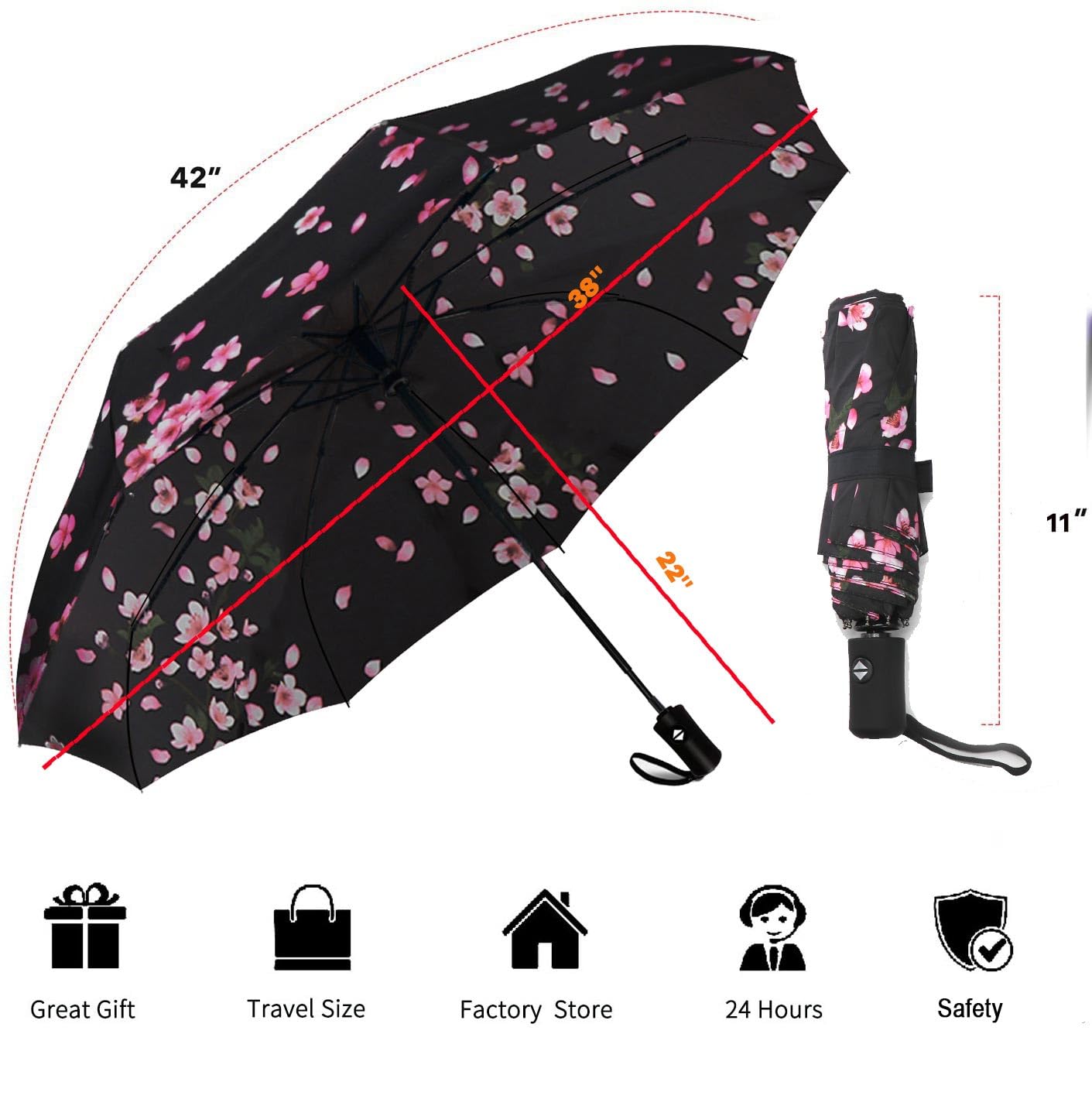 SIEPASA Sakura Windproof Travel Compact Umbrella - Automatic Umbrellas for Rain, Fiberglass Frame, Plastic Handle, Half Round Shape, Portable, Small, Lightweight, Ideal for Men and Women