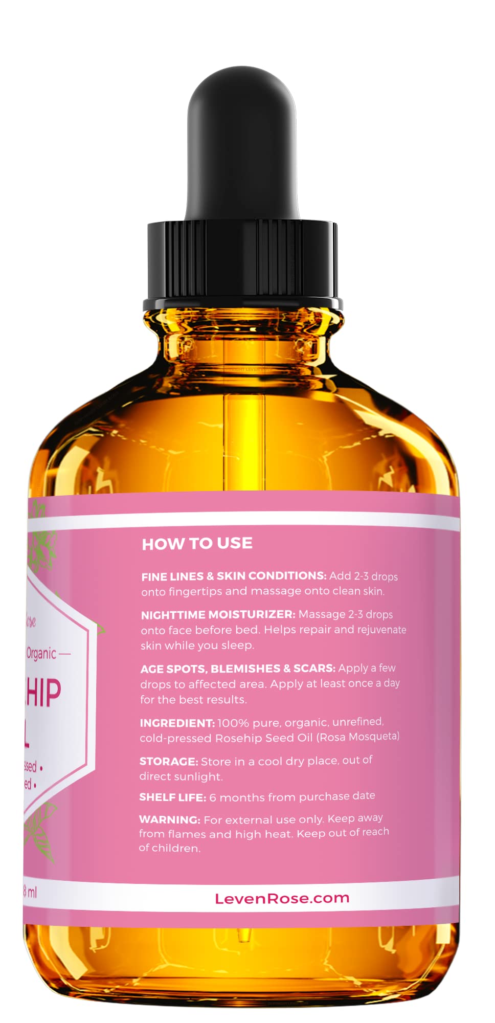 Leven Rose Rosehip Seed Oil for Face 4 oz - Pure Rosehip Oil for Face - Unrefined Cold Pressed Rosehip Oil for Body - Nighttime Face Moisturizer for Hair, Skin & Nails