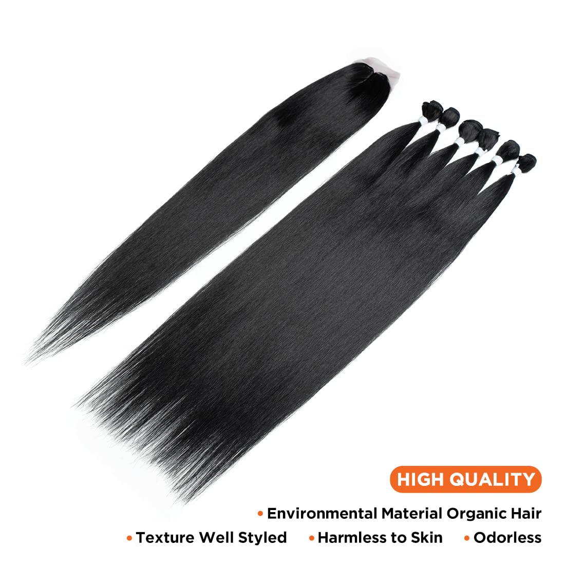 Noble Star Natural Black Color 6 Synthetic Hair Bundles with 1 Hand-Tied Closure 325G Long Yaki Straight Weft Weave Swiss Lace Hair Extension Heat Resistant