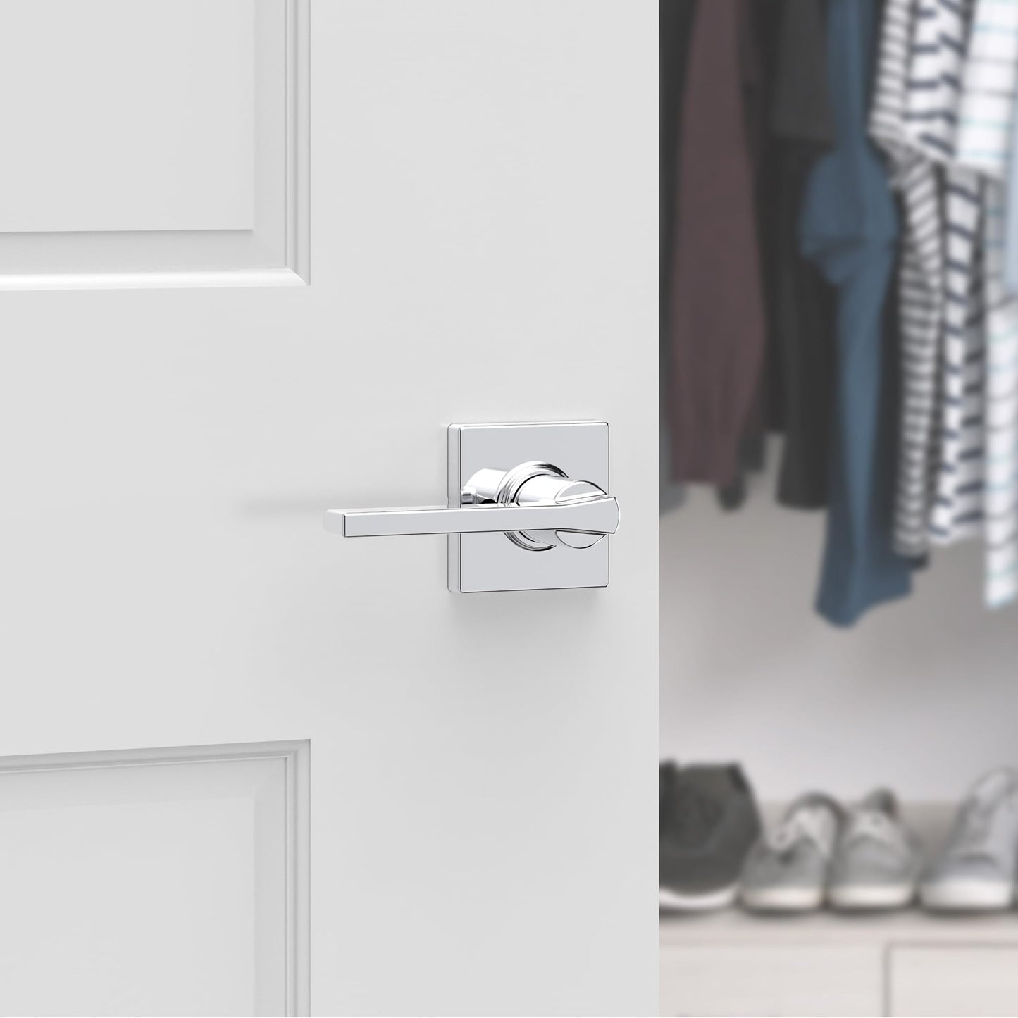 Kwikset Casey Dummy Door Handle, Single Sided Lever for Closets, French Double Doors, and Pantry, Polished Chrome Non-Turning Reversible Interior Push/Pull Lever