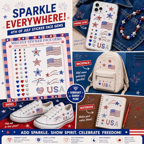 4th of July Face Gems Stickers, Self-Adhesive Rhinestones