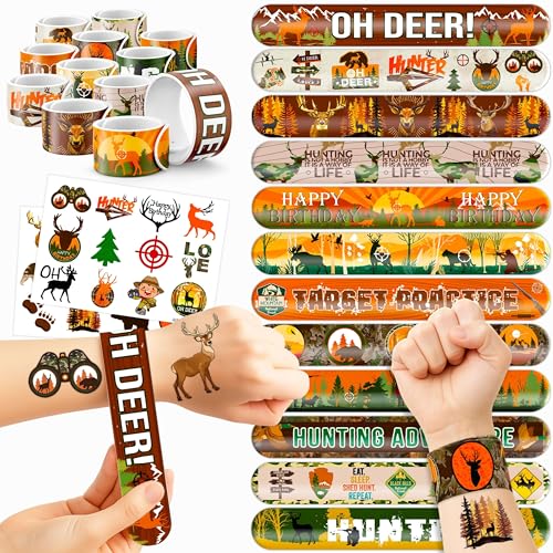48PCS Hunting Party Set - 24PCS Temporary Tattoos & 24PCS Slap Bracelets - Outdoor Adventure Birthday Supplies, Baby Shower Gifts, Classroom Rewards & Party Decor for Kids (Boys & Girls)