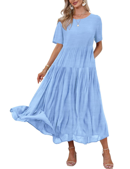 YESNO Women Casual Loose Bohemian Floral Dress with Pockets Short Sleeve Long Maxi Summer Beach Swing Dress (S EJF Solid C Light Blue)