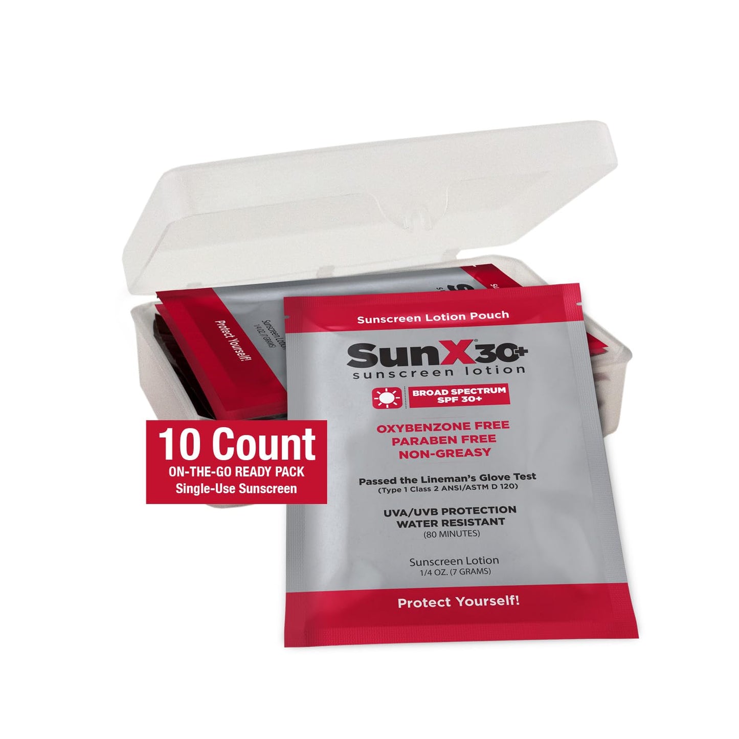 Sun X 30+ Travel Sunscreen Packets (0.25 Fl Oz.) with Carrying Case - Pack of 10 SPF 30 Paraben, Oxybenzone, & White Cast Free Travel Size Sunscreen Packets - Water & Sweat Resistant Up To 80 Minutes