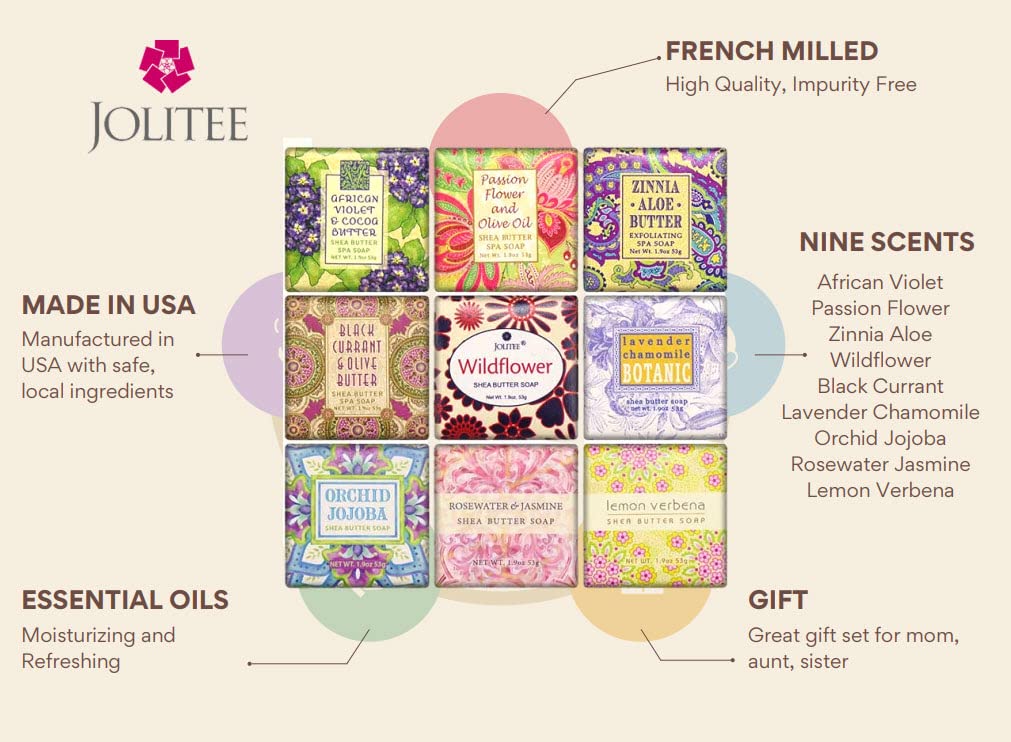 Jolitee French Milled Botanical Soap Sampler Set of 9 - Individually Wrapped Vegetable-Based Mini Soaps with Essential Oils, Shea Butter, and Natural Extracts (Floral Favorites)