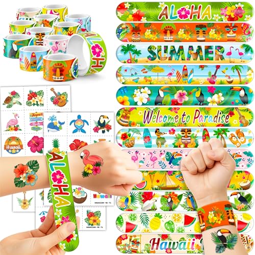 Hawaiian Party Favors Set - 72 Pieces Temporary Tattoos & Slap Bracelets