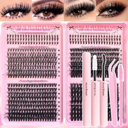 Lash Clusters Kit 32 Top and 6 Bottom Eyelashes, Wispy Natural Fluffy Lashes Clusters Extensions, 10-16mm 40D 60D 80D 100D D Curl Lash Thick kit (Bond and Seal, Glue Eyelash Brush Tweezer)