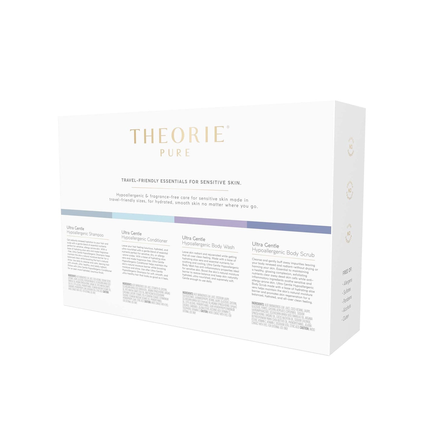 THEORIE PURE Collection Travel Set- Hypoallergenic-Shampoo, Conditioner, Body Wash & Face and Body Scrub- Fragrance-Free. No Sulfate, Paraben, Phthalate,or synthetic Dyes- Clean Beauty for Hair & Body