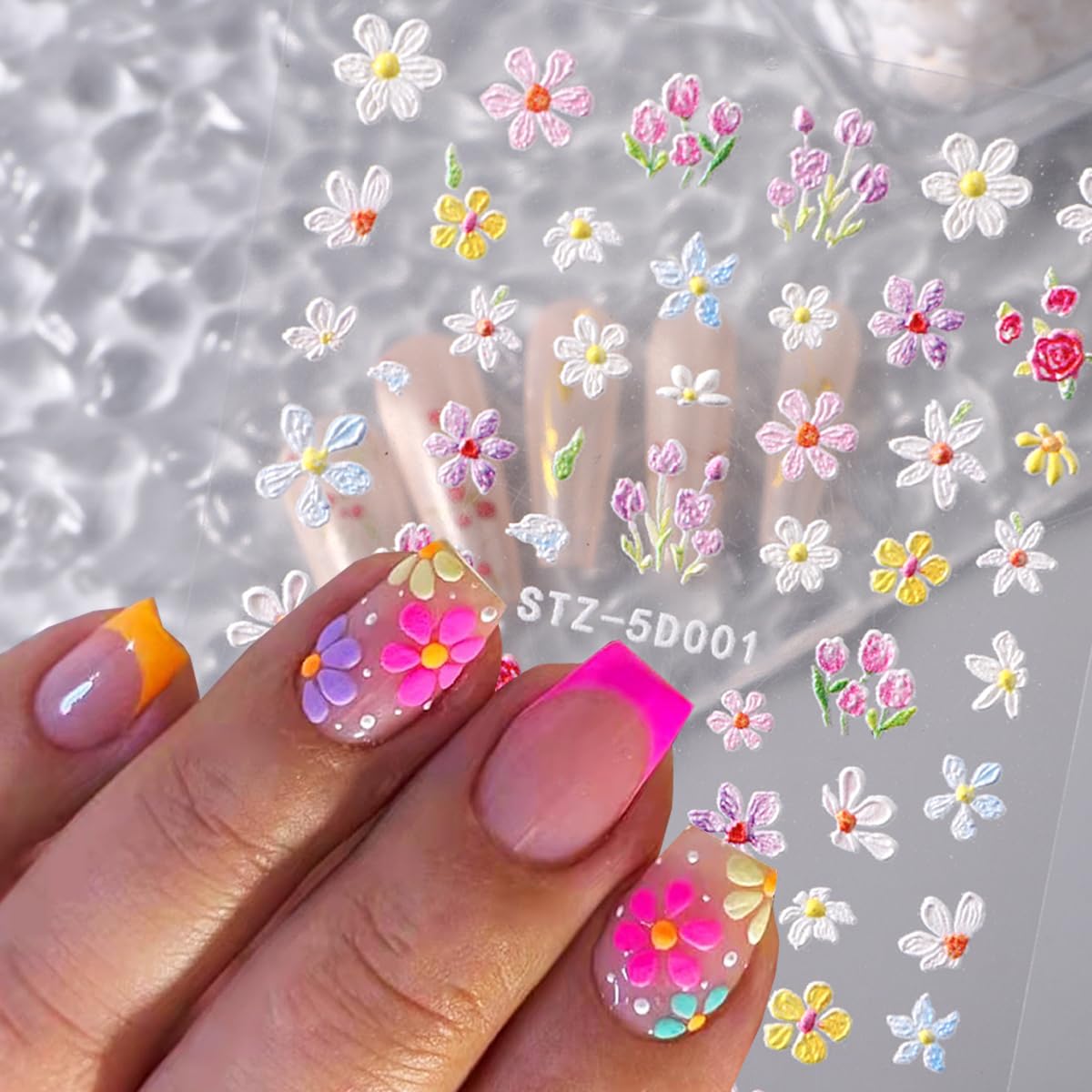 3PCS Flower Nail Art Stickers 5D Embossed Nail Decals Spring Floral Nail Sticker Self Adhesive Nail Art Supplies Three-Dimensional Frosted Small Daisy Flowers Nail Design for Women Nail Decoration