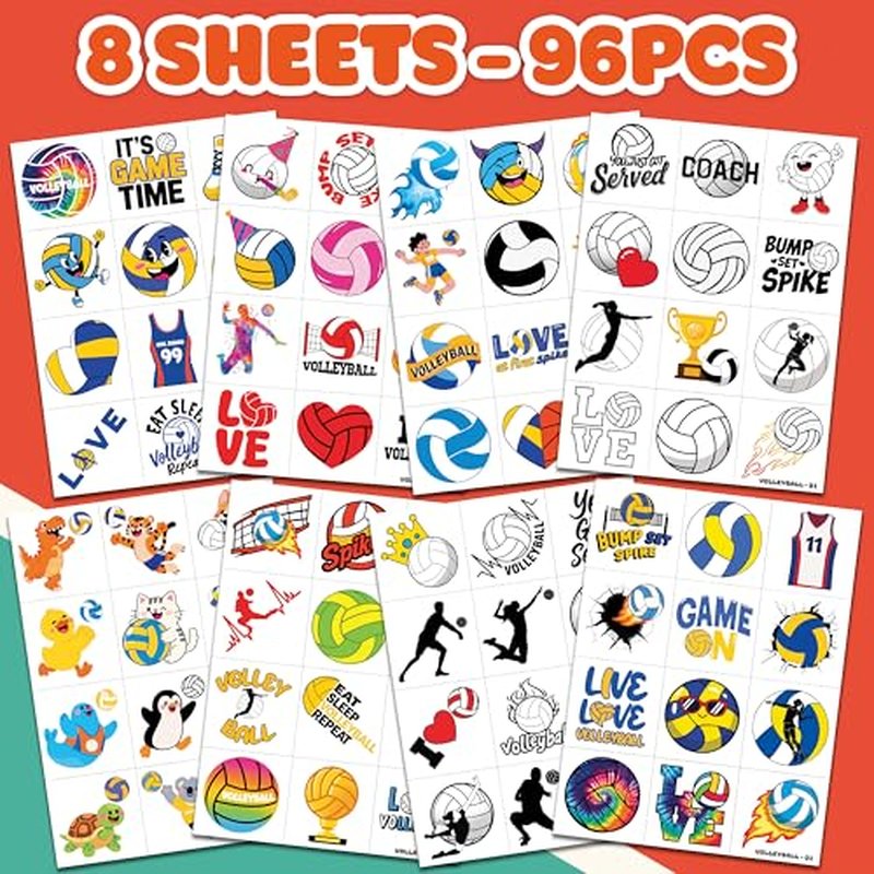 96 PCS Volleyball Sports Pre-Cut Temporary Tattoos for Kids | Super Cute Volleyball Themed Birthday Party Favors, Supplies, Decorations, Fake Tattoo Stickers (Multiple)