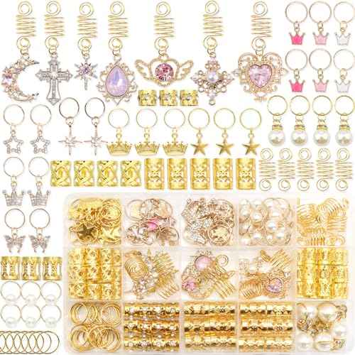 NAISKA 156Pcs Pink Crystal Loc Dreadlocks Jewelry Gold Hair Jewelry for Braids Multi Shape Crown Pearls Hair Decoration Hair Coils Rings Dreadlocks Hair Cuffs for Women and Girls