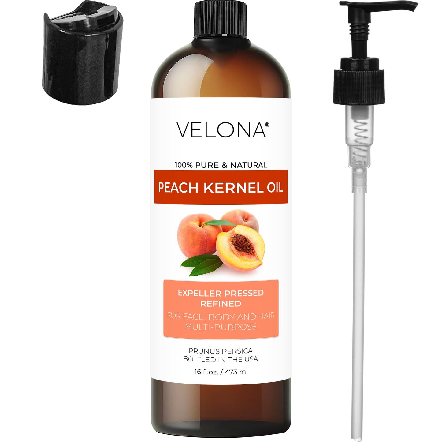 Peach Kernel Oil by Velona - 16 Fl Oz | 100% Pure and Natural Carrier Oil | Refined, Cold Pressed | Cooking, Skin, Hair, Body & Face Moisturizing | Use Today - Enjoy Results