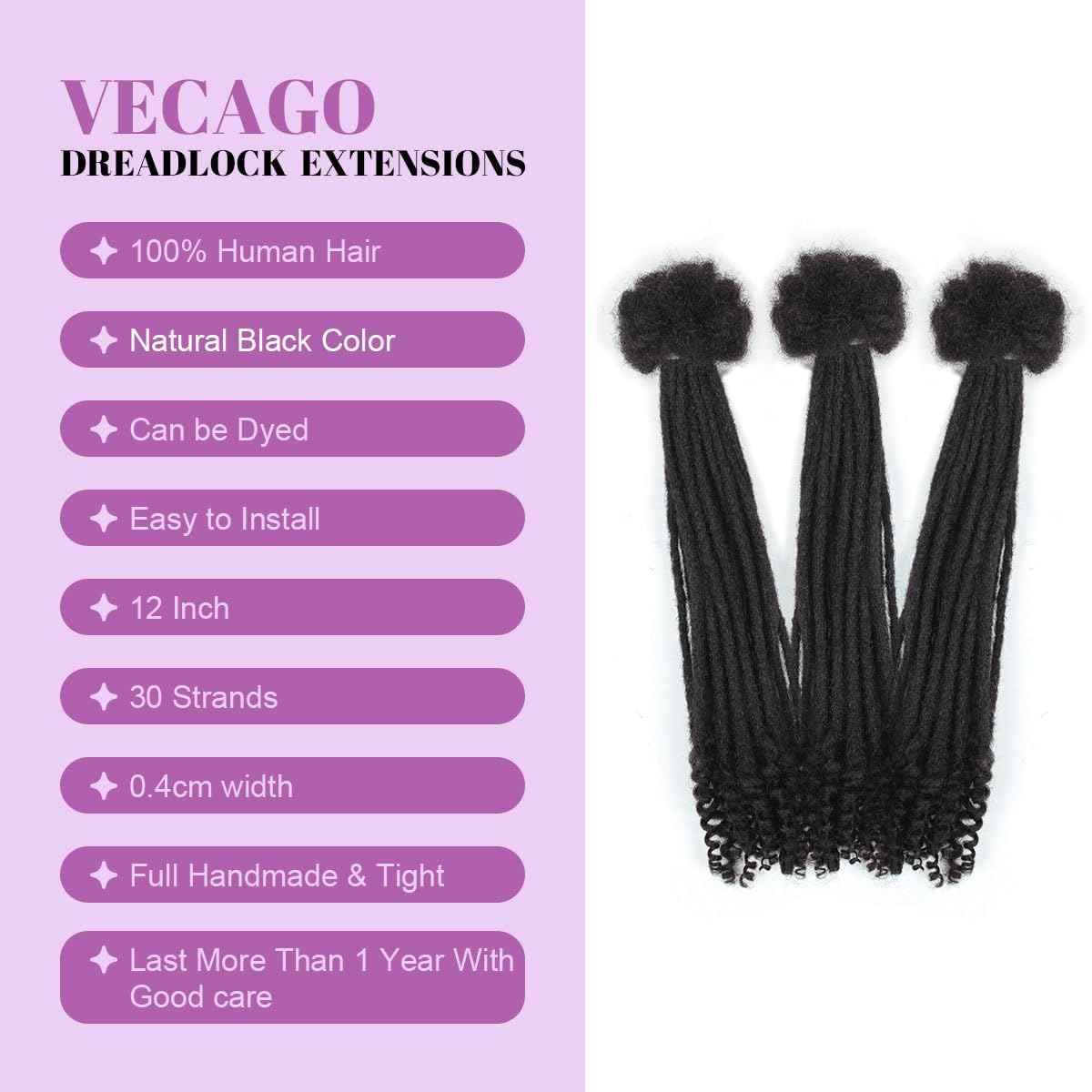 Vecago 12 inch 30 Strands Loc Extensions Human Hair Curly Ends, 0.4cm Width Soft Human Hair Dreadlock Extensions Shoulder Curly Dreads Locs Hair(1b)