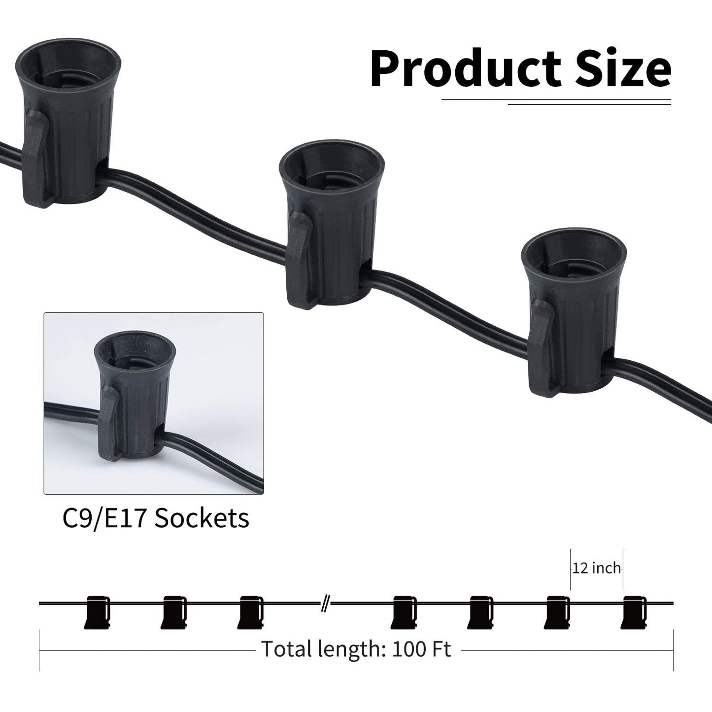 C9 Light String 200 FT for E17 Socket -12" Spacing, Outdoor C9 String Christmas Stringer with 100 Sockets 2Pack (Total 200 FT) for Christmas-Black Wire