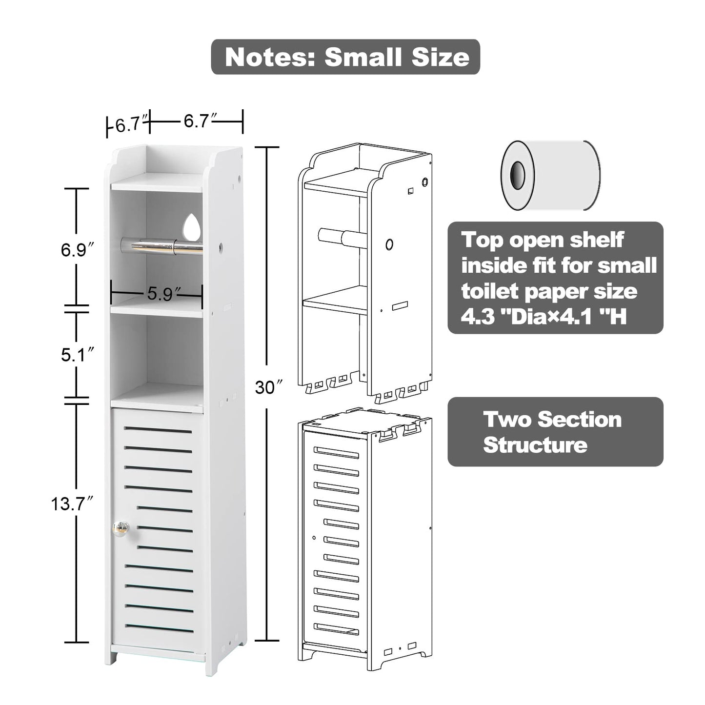 AOJEZOR Toilet Paper Holder Stand: Bathroom Storage Cabinet Beside Toilet for Small Space Bathroom with Toilet Roll Holder - White