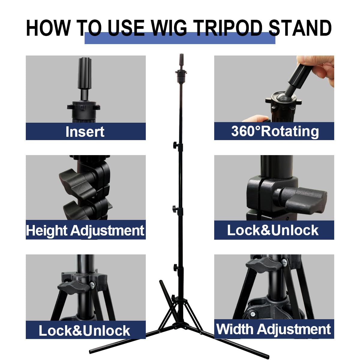 Ginogend Upgrade Mannequin Head Stand, Adjustable Foldable Wig Stand Tripod, Reinforced Metal Mannequin Head Tripod Stand for Cosmetology Hairdressing Training