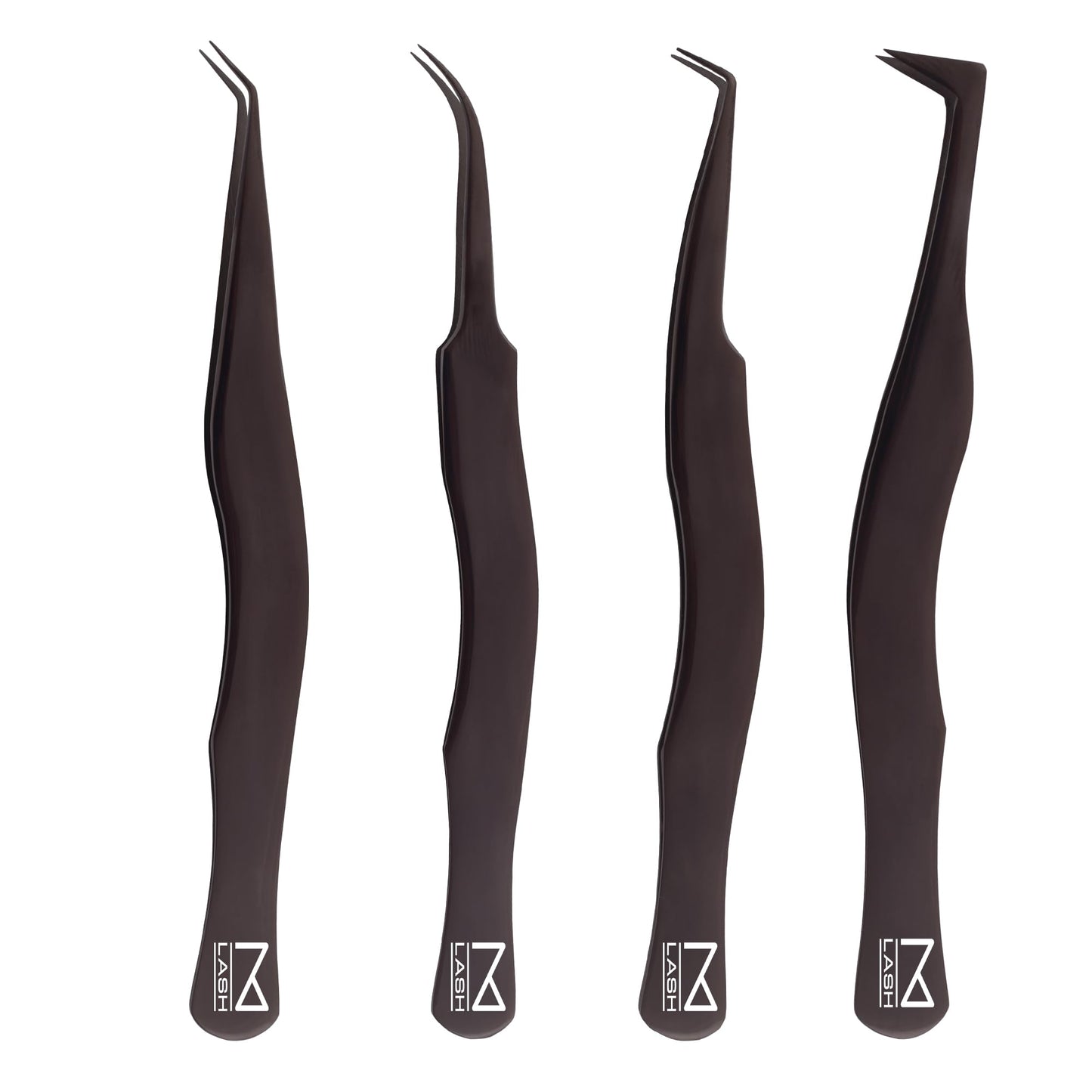 M LASH Eyelash Tweezers for Eyelash Extensions (Set of 4) - Professional Lash Extension Tweezers - Fiber Tip Lash Tweezers, Japanese Steel, Diamond Grip For Flawless Application (Black)
