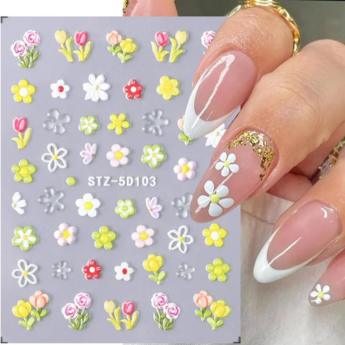 3PCS Flower Nail Art Stickers 5D Embossed Nail Decals Spring Floral Nail Sticker Self Adhesive Nail Art Supplies Three-Dimensional Frosted Small Daisy Flowers Nail Design for Women Nail Decoration