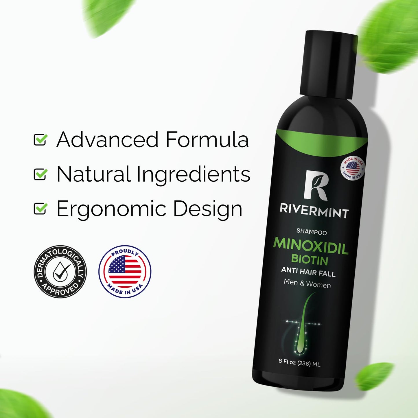 Rivermint Shampoo with Minoxidil and Biotin: Hair Growth Stimulant for Men and Women, anti hair loss - Made in the USA