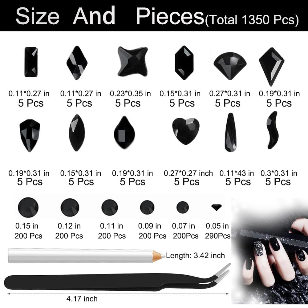 1350Pcs Black Rhinestones for Nails, 60Pcs Big Black Nails Charms with Small Sequined Flatback Round Beads, Black Glitter Clear Glass Diamond Stones for DIY Faces Eyes Makeup Crafts Decoration