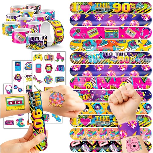 72PCS 80s, 90s Party Set - 48PCS Temporary Tattoos & 24PCS Slap Bracelets - Retro-Themed Birthday Supplies, Baby Shower Gifts, Classroom Rewards & Party Decor for Kids (Boys & Girls)