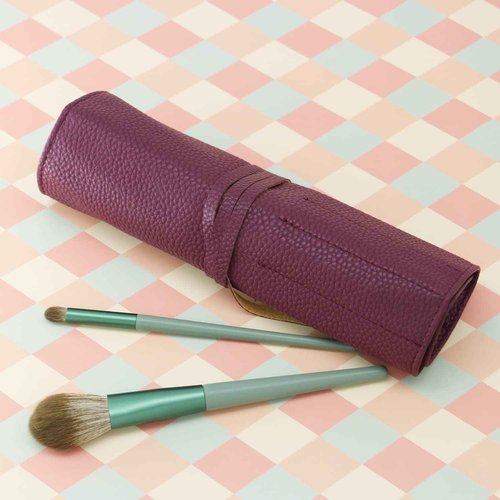 Bird&Fish Makeup Brush Case Travel, makeup brush bag，silicone case roll up bag,Rolling Bag Storage Case PU Leather,Holder Organizer Brushes Pouch Cosmetic Bag for Travel (New Crimson)