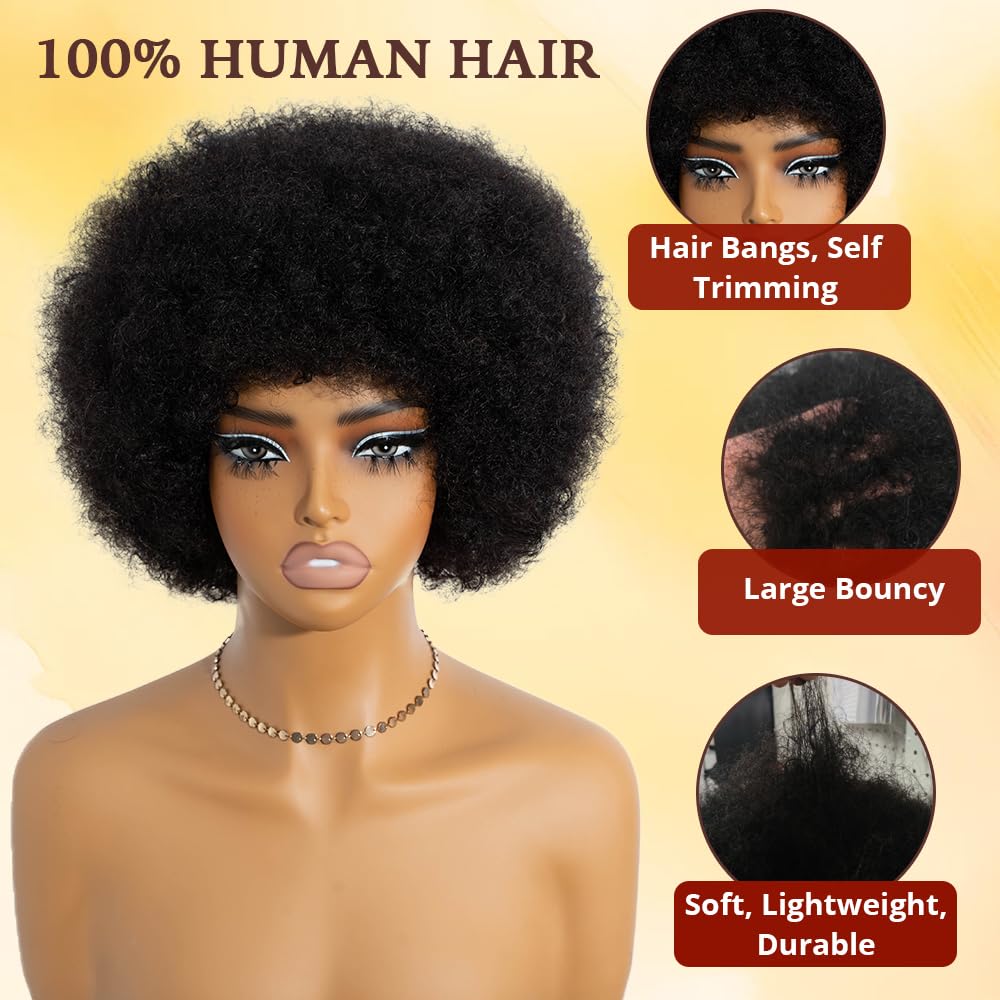 Rebecca Q Afro Human Hair Wigs 70s Short Afro Wig for Black Women Short Kinky Curly Glueless wig with Bangs for Daily Cosplay Party (Black)